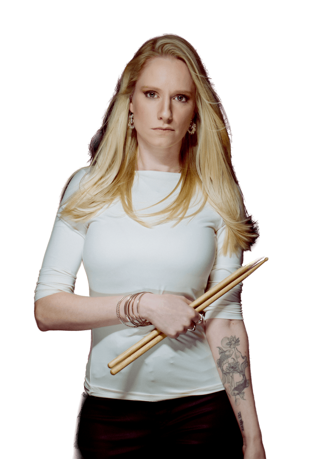 Anna Mylee with drumsticks